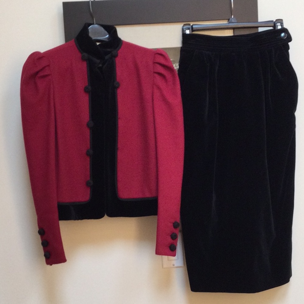Vintage 2Pc. Don Sayres Red Wool w Black Velvet Trim & Black Velvet Skirt